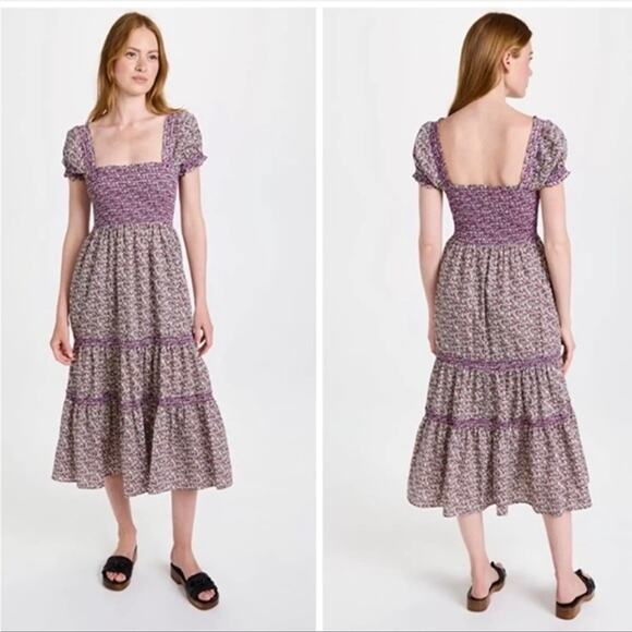 O.P.T Sz S Daphne Tiered Smocked Bodice Pocket Midi Dress Purple Cottagecore - Picture 12 of 12